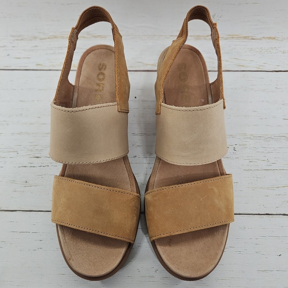 Sorel Joanie II Sandals‎ Womens 8.5 Brown Tan Leather Strappy Platform Wedge Lug - Picture 3 of 9